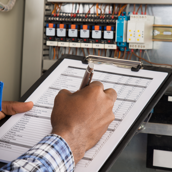 Electrician holding a clipboard and checklist while inspecting electrical systems during a landlord property health check